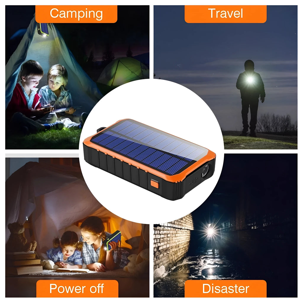 Green or orange hand crank solar power bank with LED light showing USB ports and solar panel.