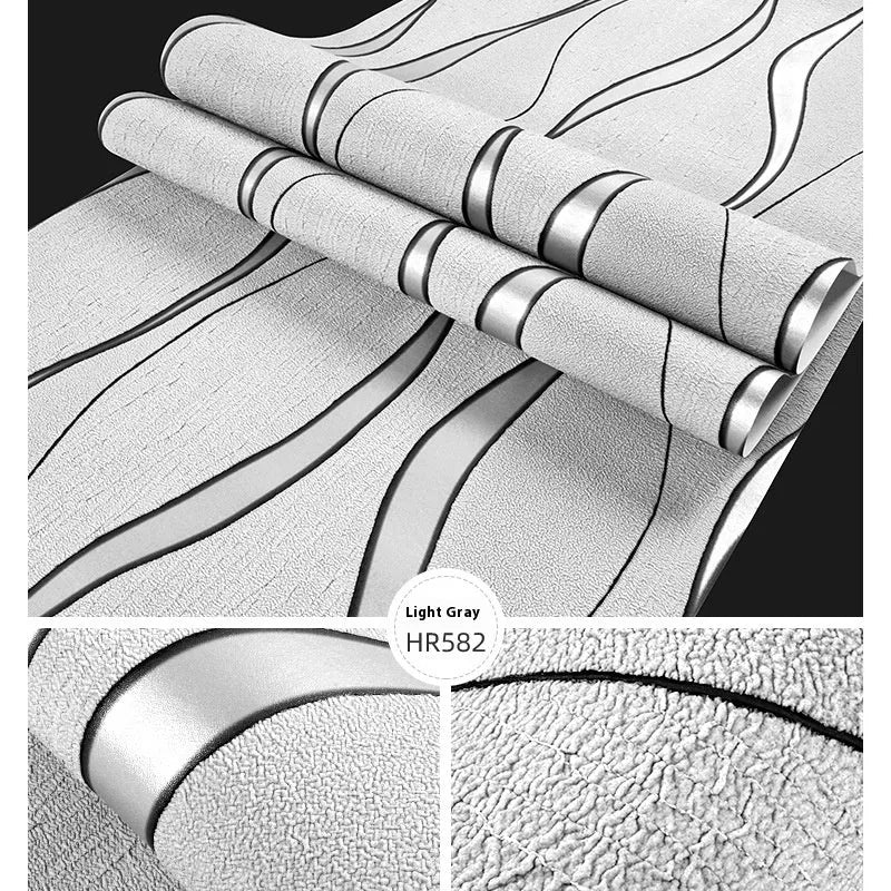 Curve stripe 3D background wallpaper roll in light grey and dark brown deerskin velvet finish.