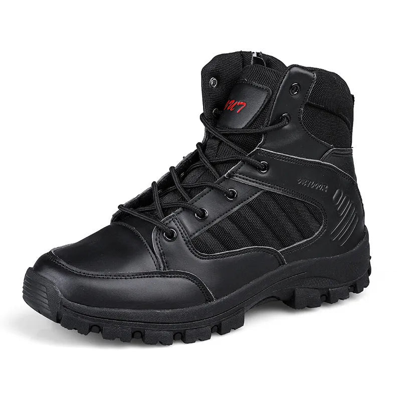 Men's black and camouflage high-top hiking shoes with PU upper and metal details.