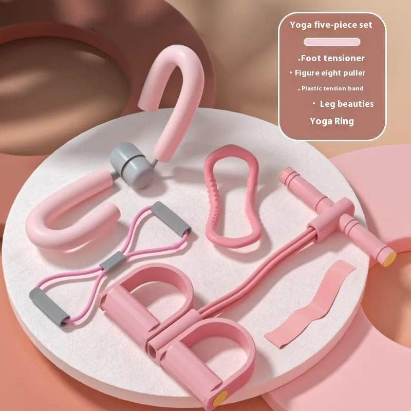 Yoga four piece fitness set showing leg stretcher, foot pedal, yoga ring, and figure eight tension rope