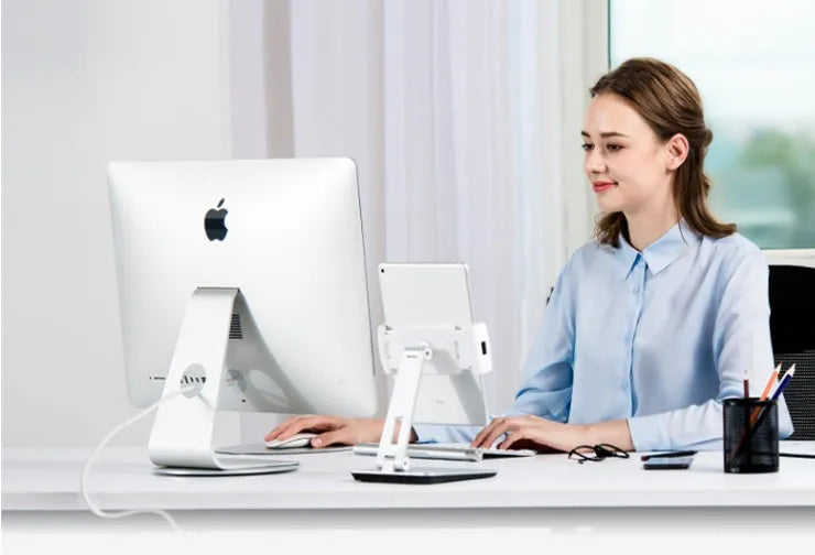Folding desktop phone tablet holder with 360° rotation in silver colour