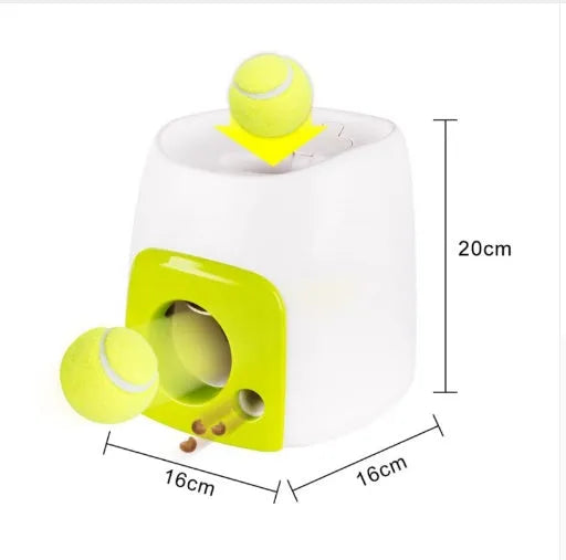 Dog tennis food award machine made of ABS plastic in compact 20x20x18cm size with tennis ball