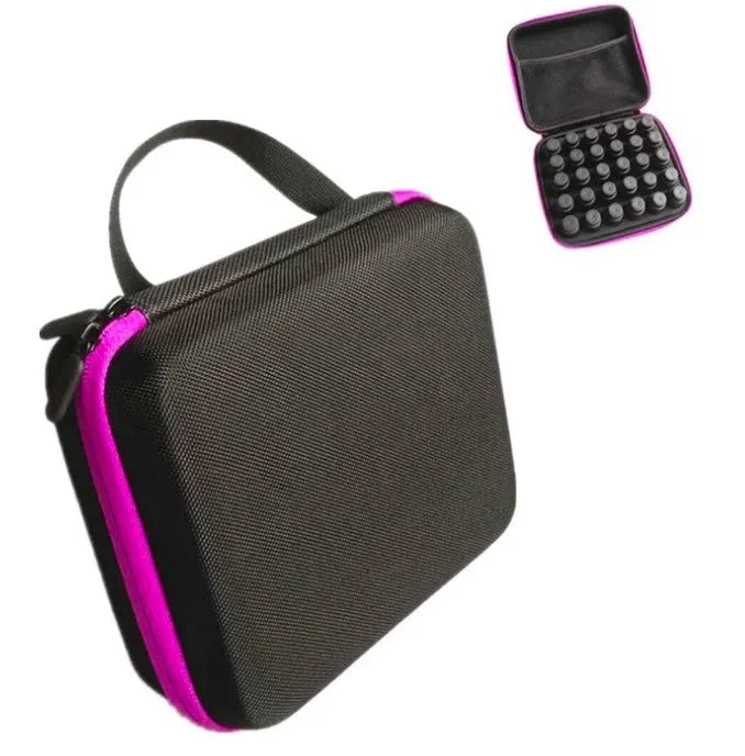 Red EVA essential oil storage bag with 30 compartments for 15ml bottles showing cube shape and zipper closure