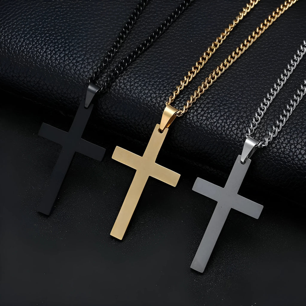 Classic cross pendant necklace for men stainless steel 5x3cm pendant 60cm chain black gold silver