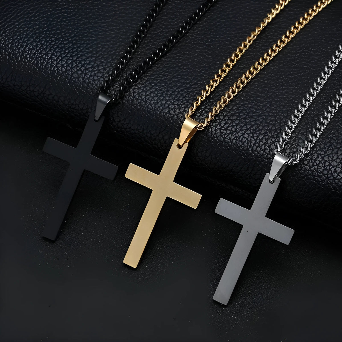 Classic cross pendant necklace for men stainless steel 5x3cm pendant 60cm chain black gold silver