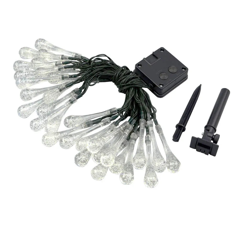 30 LED solar-powered water drop shaped string lights on a 6.5m cable for outdoor garden use.
