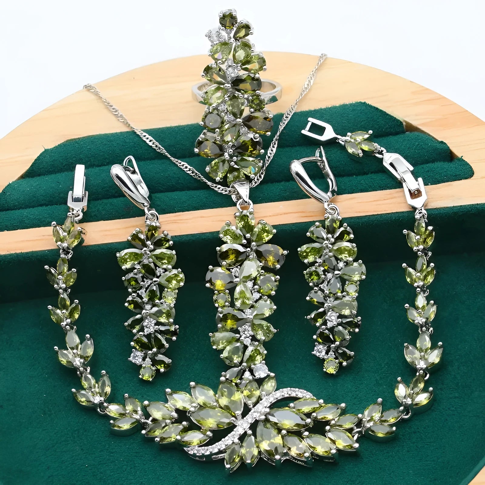 Retro olive purple floral jewellery set with alloy pendant, copper zircon necklace, bracelet, earrings, and ring