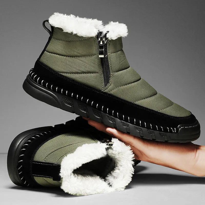 Men's plus size British-style snow boots in black with a cotton upper and flat rubber sole.