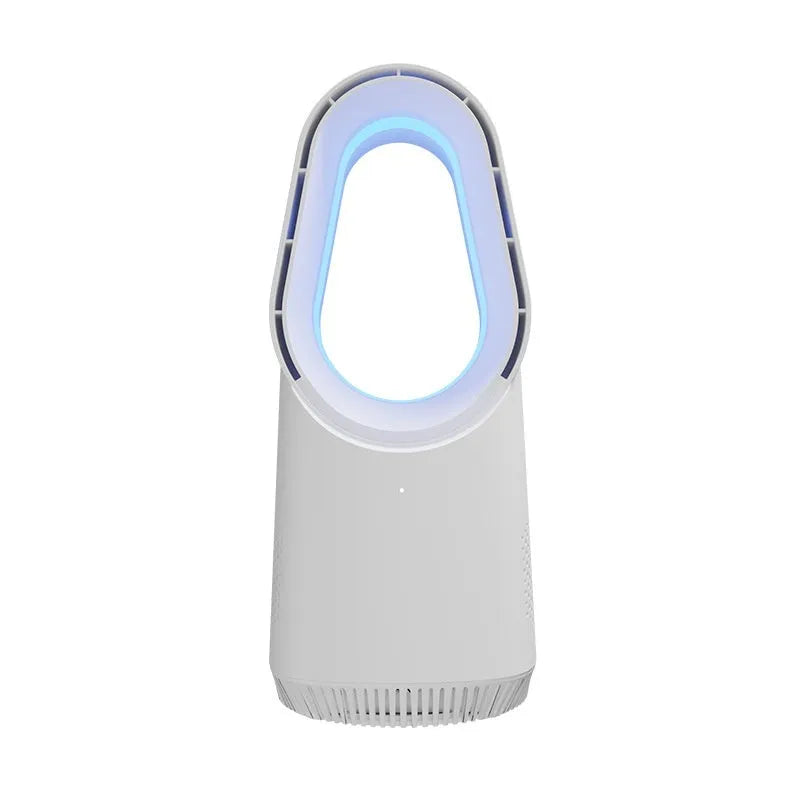 White bladeless tower fan with a remote control on a desk