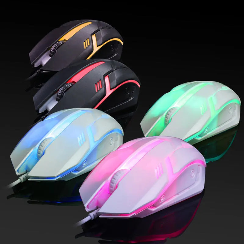 Wired computer mouse with glow lighting effect in black or white colour with USB cable
