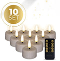 Four taupe coloured S10 3D flame LED tealight candles showing realistic flickering effect.