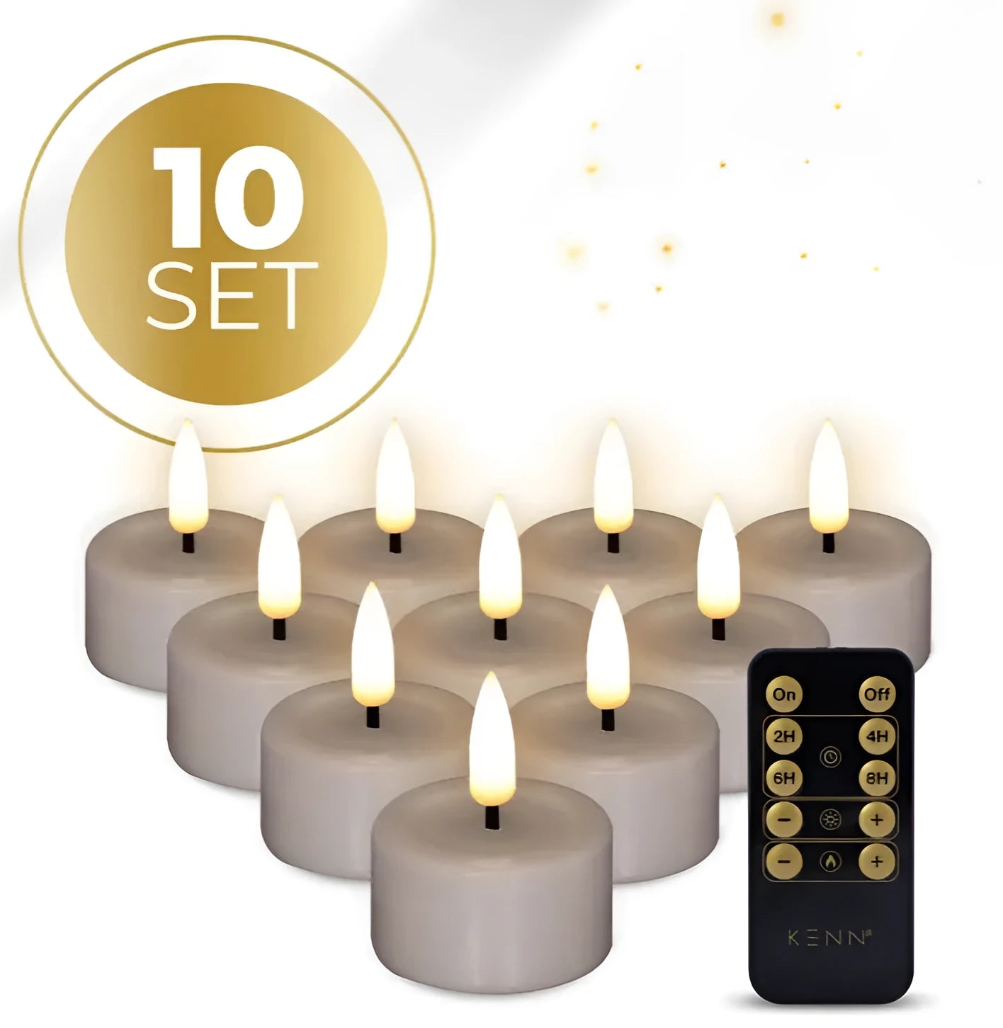 Four taupe coloured S10 3D flame LED tealight candles showing realistic flickering effect.