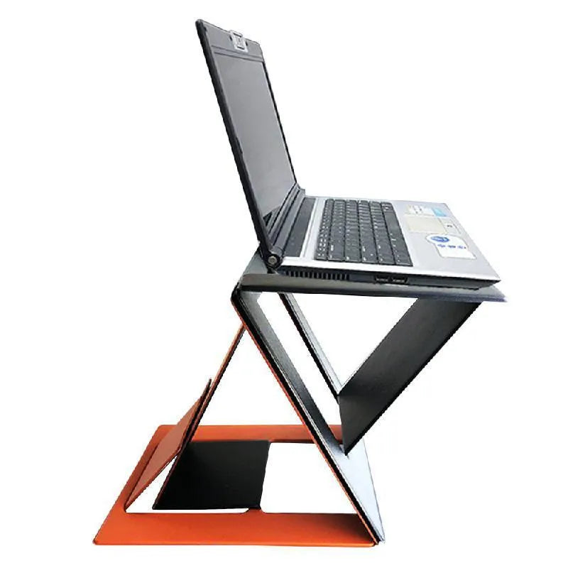 Folding multi-angle adjustable laptop stand in black, blue, and orange on a desk