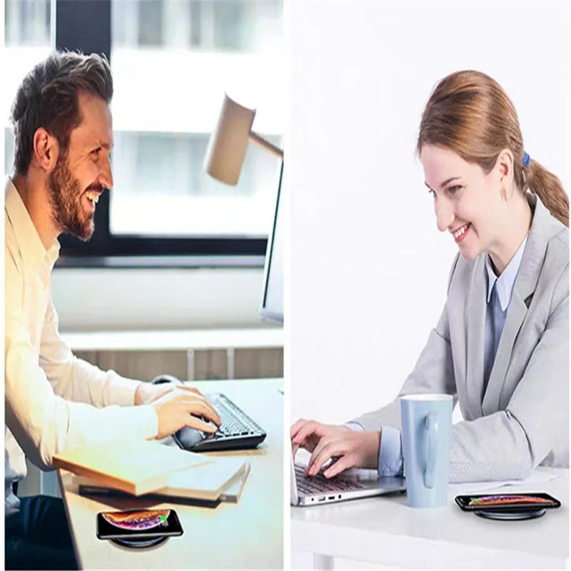 Black or white 15W Qi fast wireless charging pad with LED indicator light on anti-slip aluminium base.