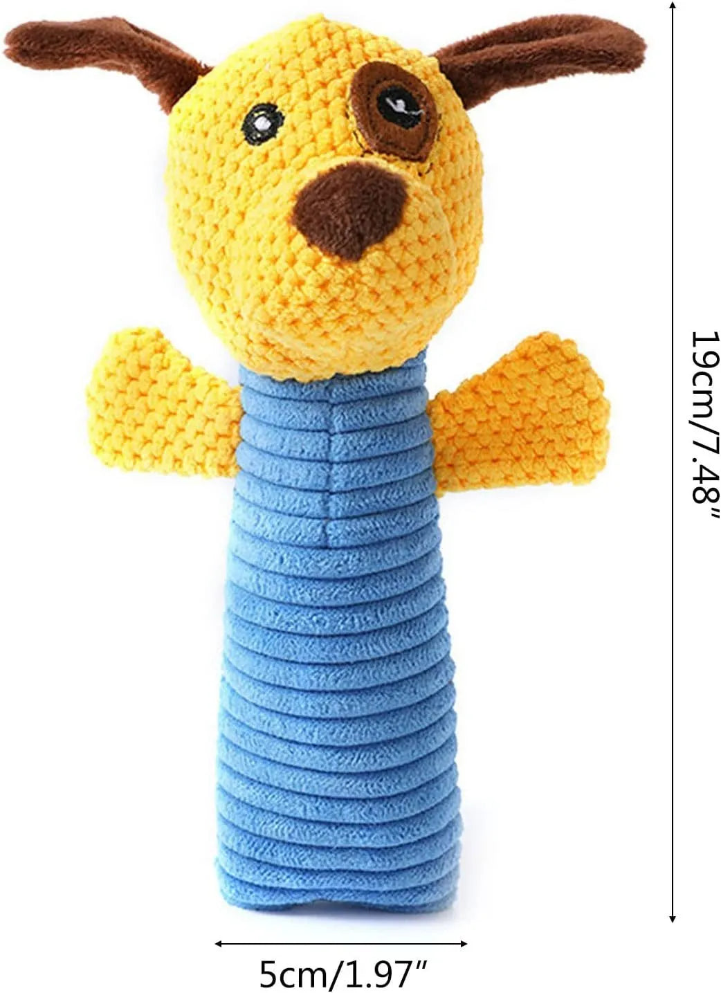 Soft plush dog squeaky toy in stuffed animal shape for dental cleaning chew.