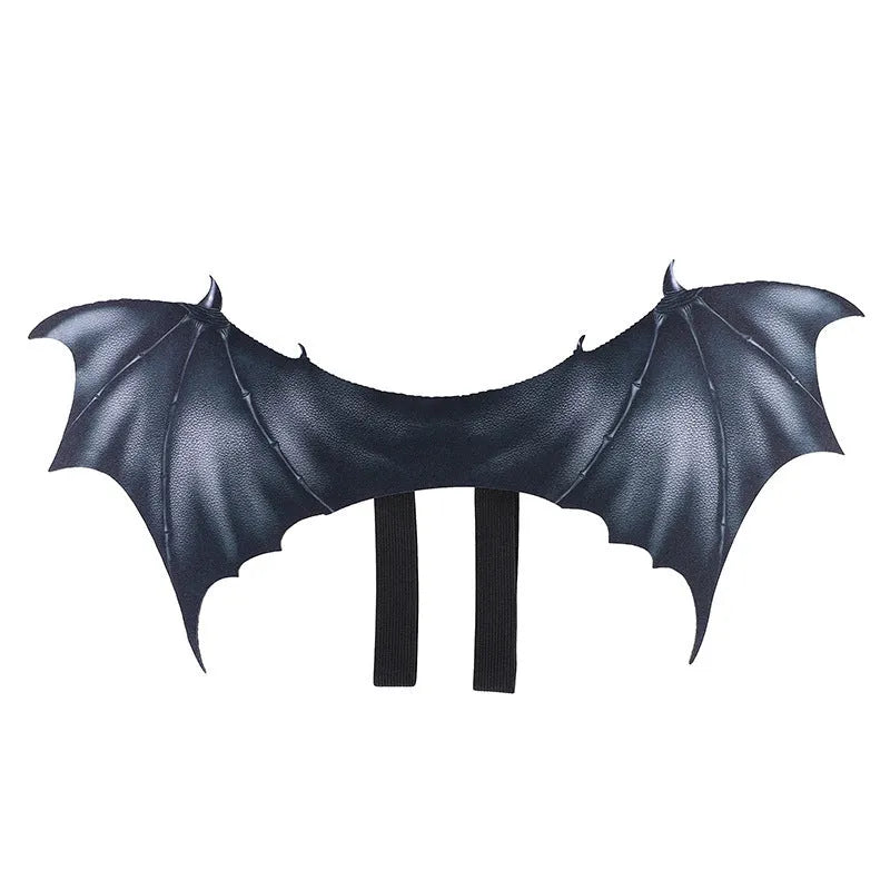 Black cloth bat wings pet costume for Halloween, showing three size options for cats and dogs