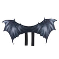 Black cloth bat wings pet costume for Halloween, showing three size options for cats and dogs