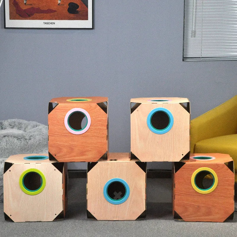 DIY multipurpose cat hiding box toy with cardboard hair removal, 38cm, scratch-resistant, style A with two circles and scratching board