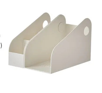 Plastic desktop storage organiser with two tiers in milk coffee colour on a desk