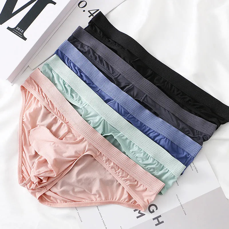 Men's low waist Ice Silk briefs in black, shown flat, highlighting knitted fabric and style.