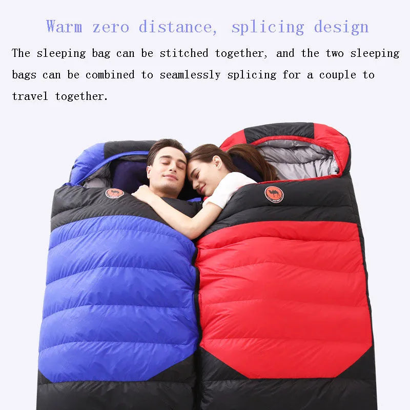 Down sleeping bag in envelope style with cotton lining, available in blue, red, or orange options