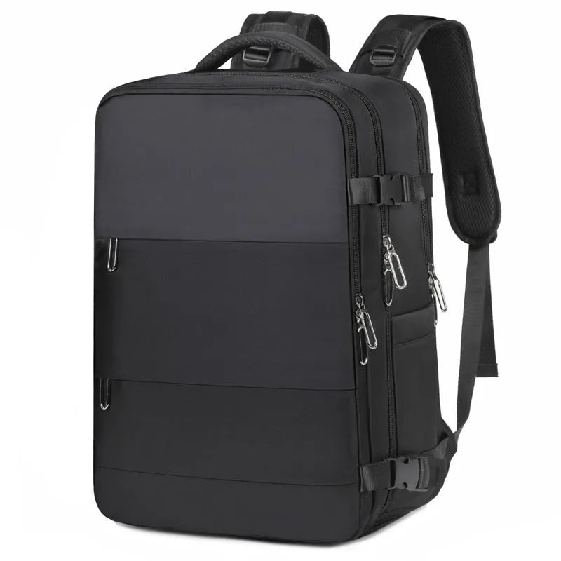 Purple large-capacity travel backpack with multiple compartments and air-pillow shoulder straps.