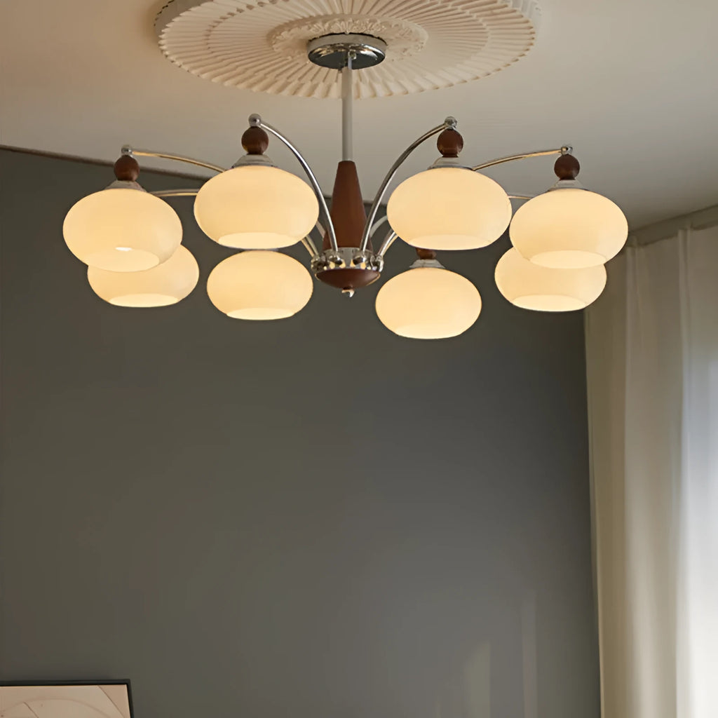Creative persimmon glass and chrome chandelier with multiple light heads in Middle Ancient style.