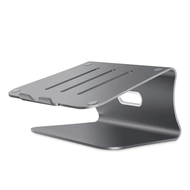 Aluminium alloy rotary laptop cooling bracket in grey and silver, showing adjustable angle and open-frame design.