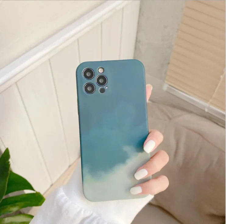 Soft silicone iPhone case with abstract oil painting gradient geometry pattern in blue, green, pink, or purple