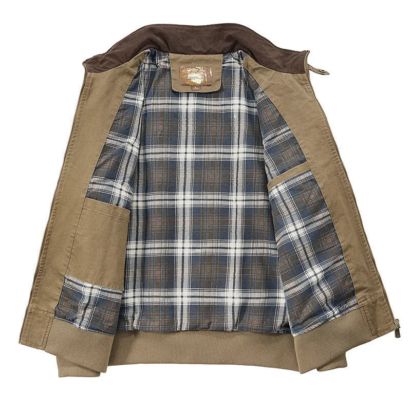 Men's washed cotton baseball style flight jacket in army green