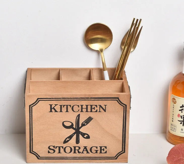 Wooden kitchen storage box with internal dividers for organising knives, forks and chopsticks