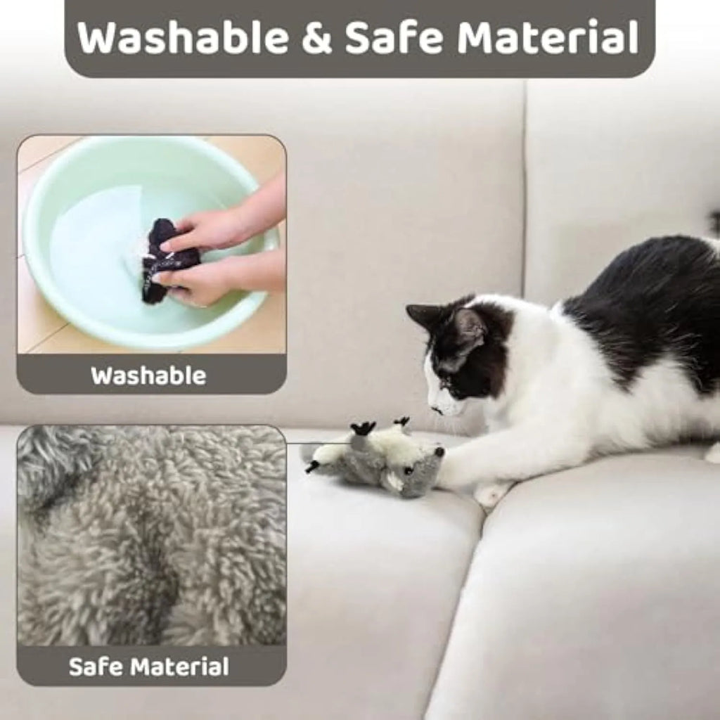 Grey plush squirrel cat toy with flapping wings showing touch-activated motion mechanism