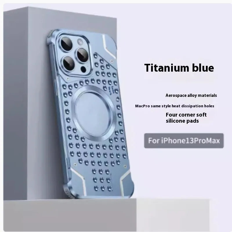 Borderless aluminium alloy phone case with hollow back and magnetic suction for iPhone 15 Pro Max, in grey colour
