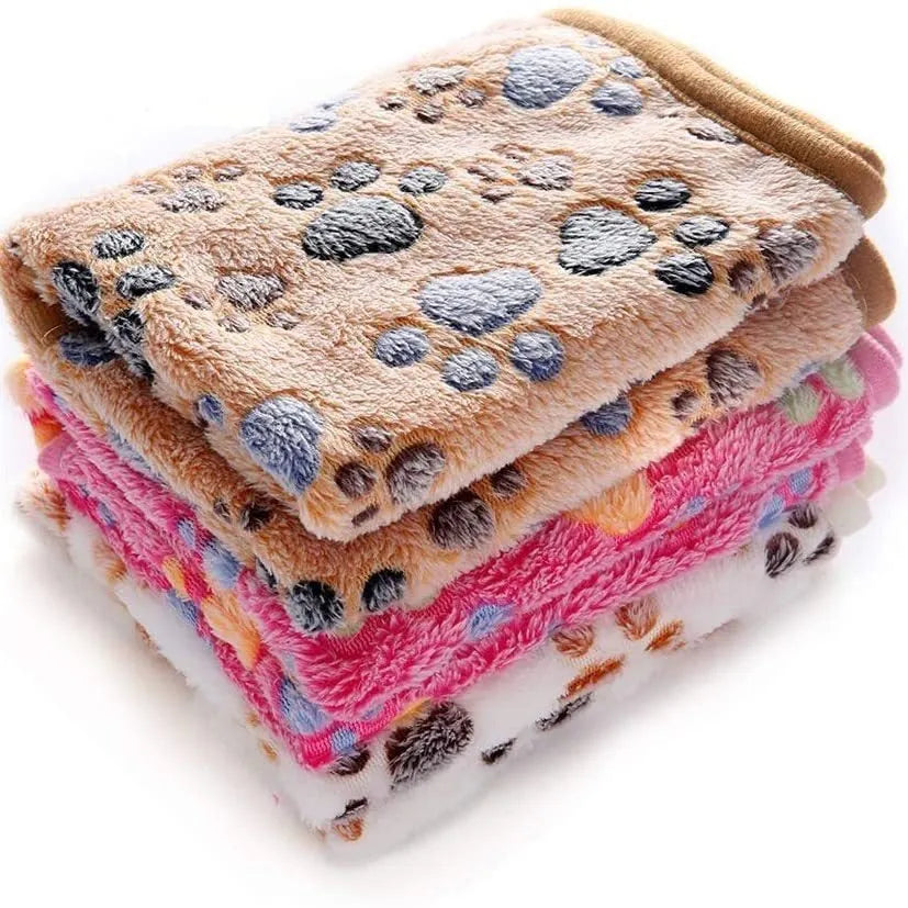 Coral fleece pet blanket with dog paw pattern in various sizes and colours