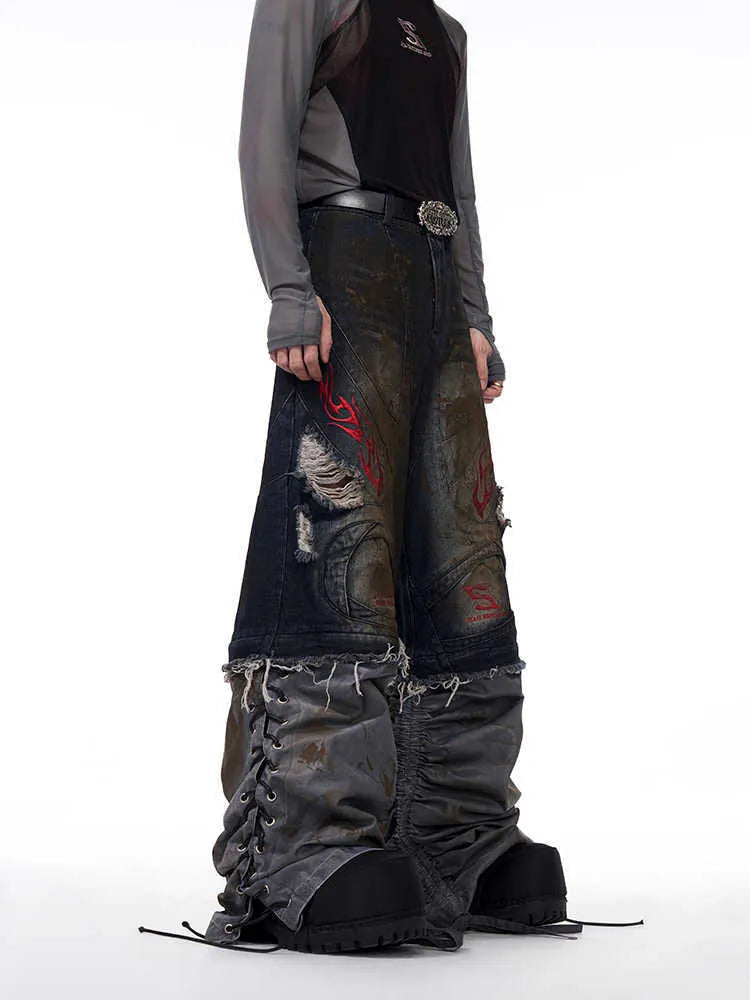 Men's retro-style wide-leg jeans with detachable trouser legs in denim