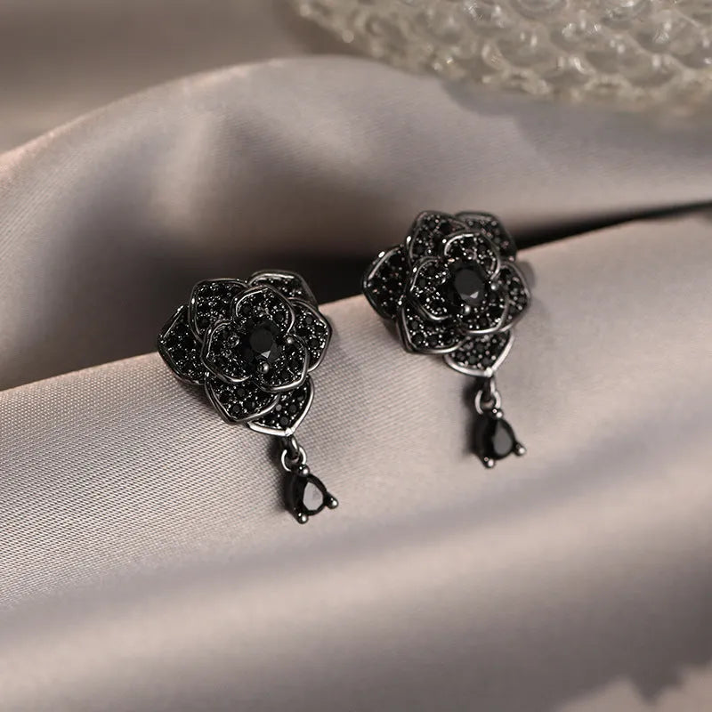 Black rose zircon flower stud earrings with 18K gold-plated copper setting