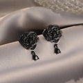 Black rose zircon flower stud earrings with 18K gold-plated copper setting