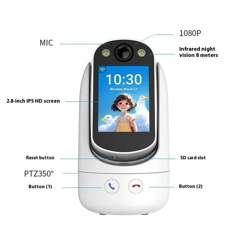 C20 white two-way video call surveillance camera with 2.8-inch screen on a stand