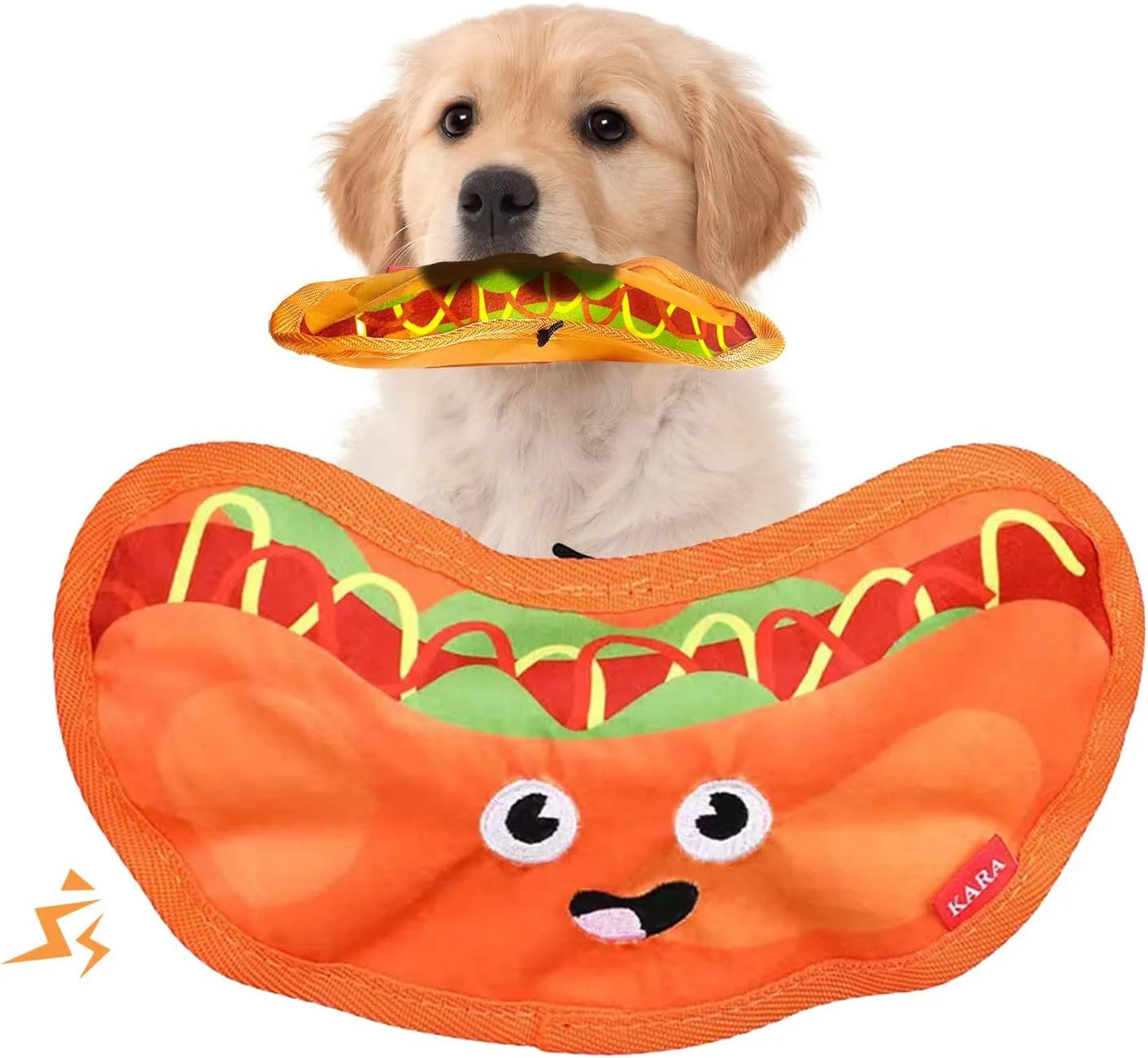 Colourful hamburger, fries, hot dog, and pizza shaped crinkle and squeaky dog toys