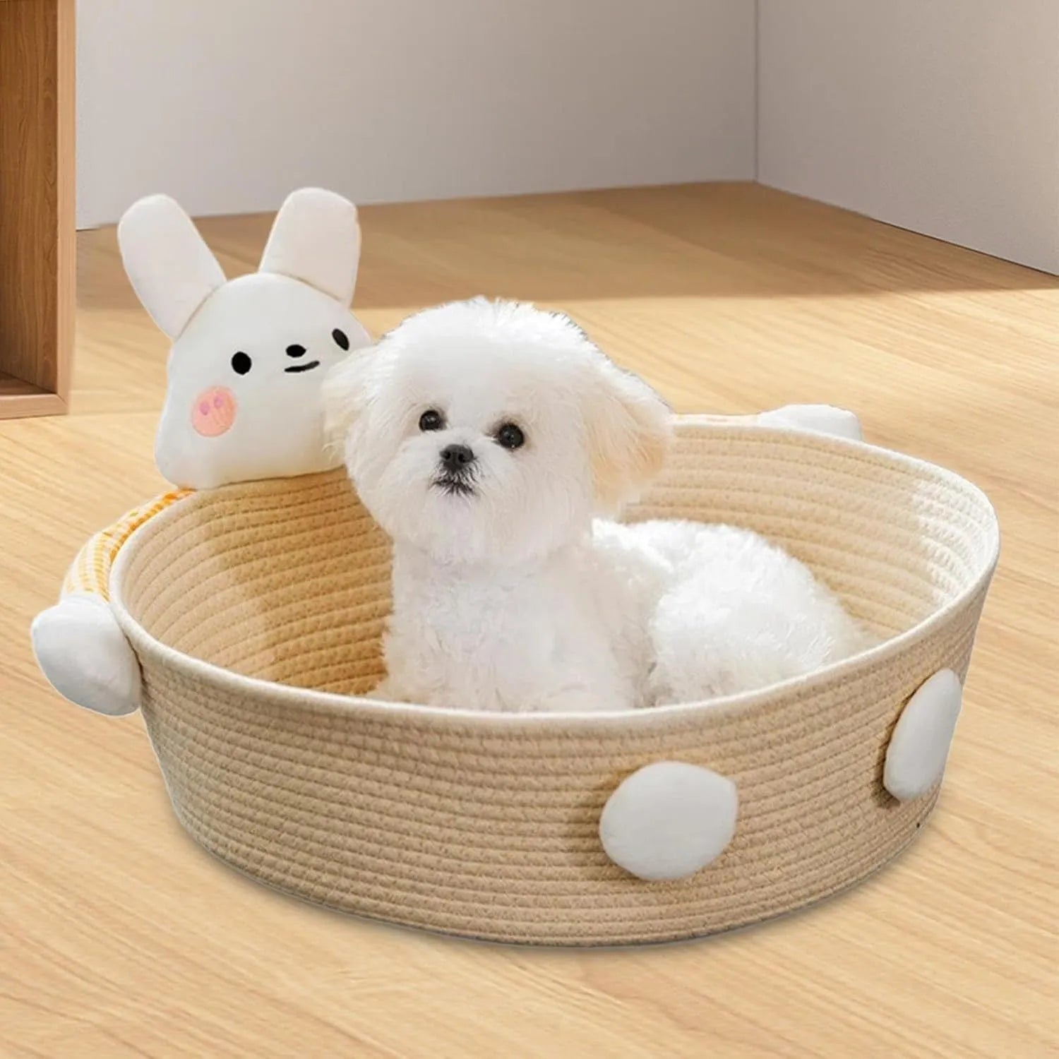 Cotton rope woven basket cat bed with integrated scratching surface, shown in bear design.