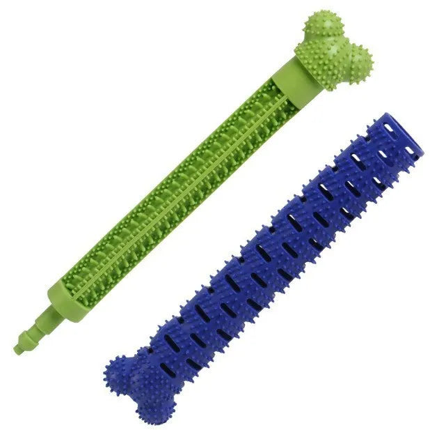 Blue and green silicone dog dental cleaning stick with textured bristles and nodules, 25 cm length