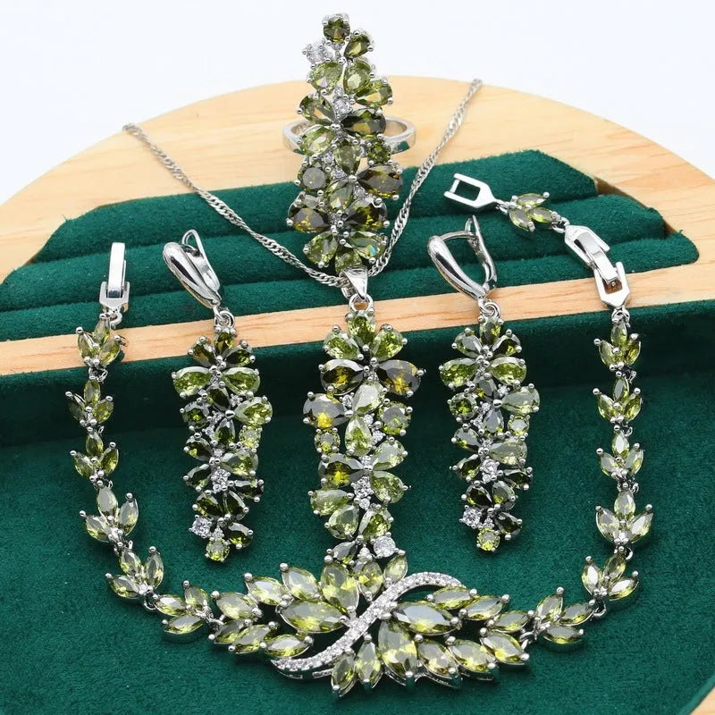 Retro olive purple floral jewellery set with alloy pendant, copper zircon necklace, bracelet, earrings, and ring