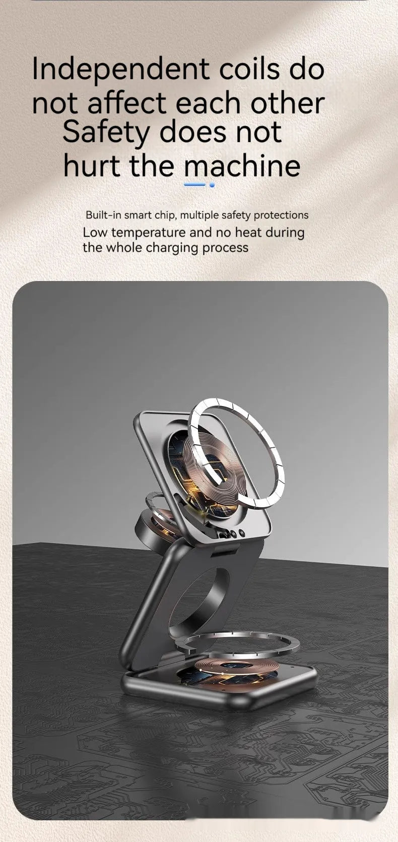 Black foldable magnetic wireless charging phone holder showing its compact size.