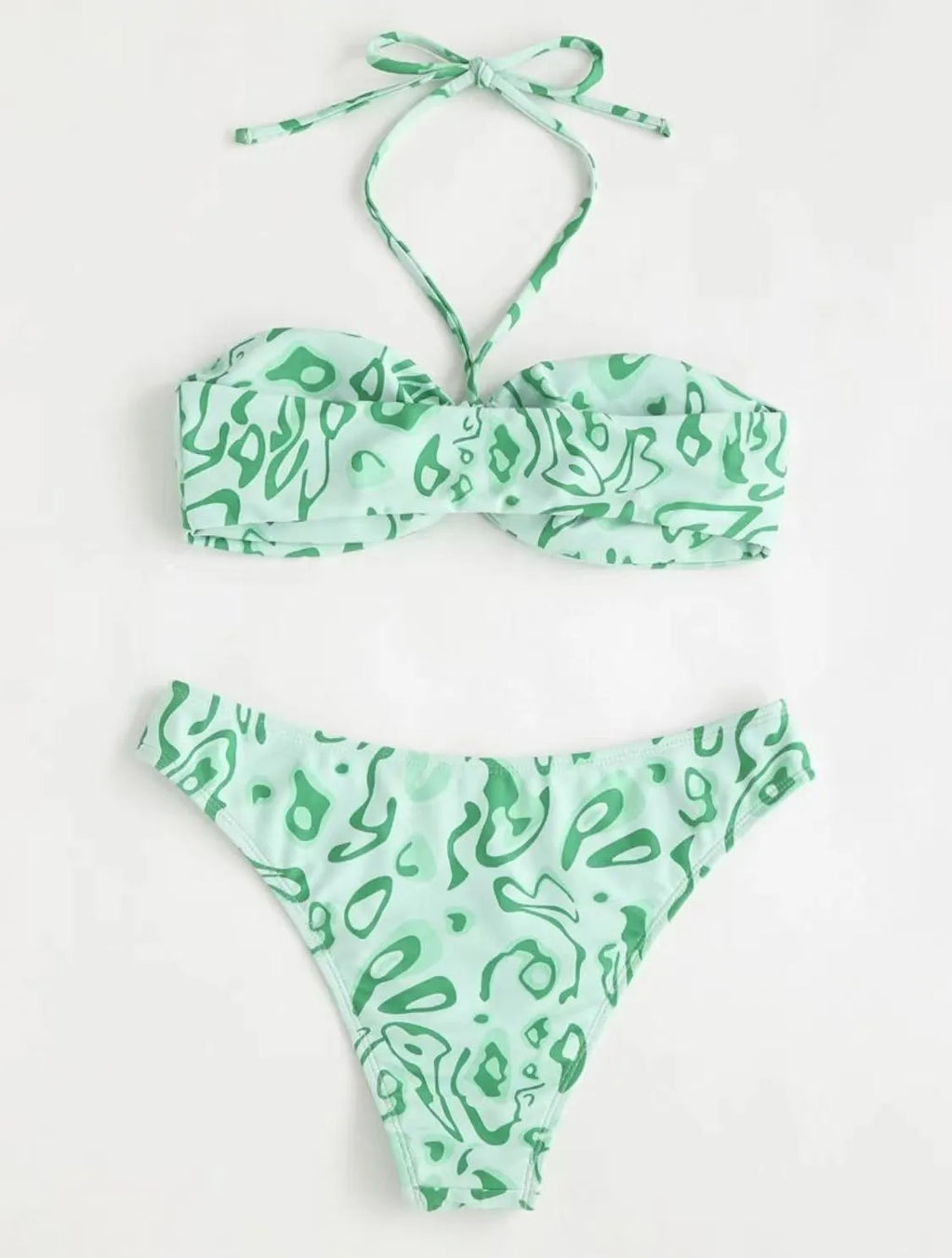 Women's blue floral bandeau bikini with split swimsuit design showing front and back views