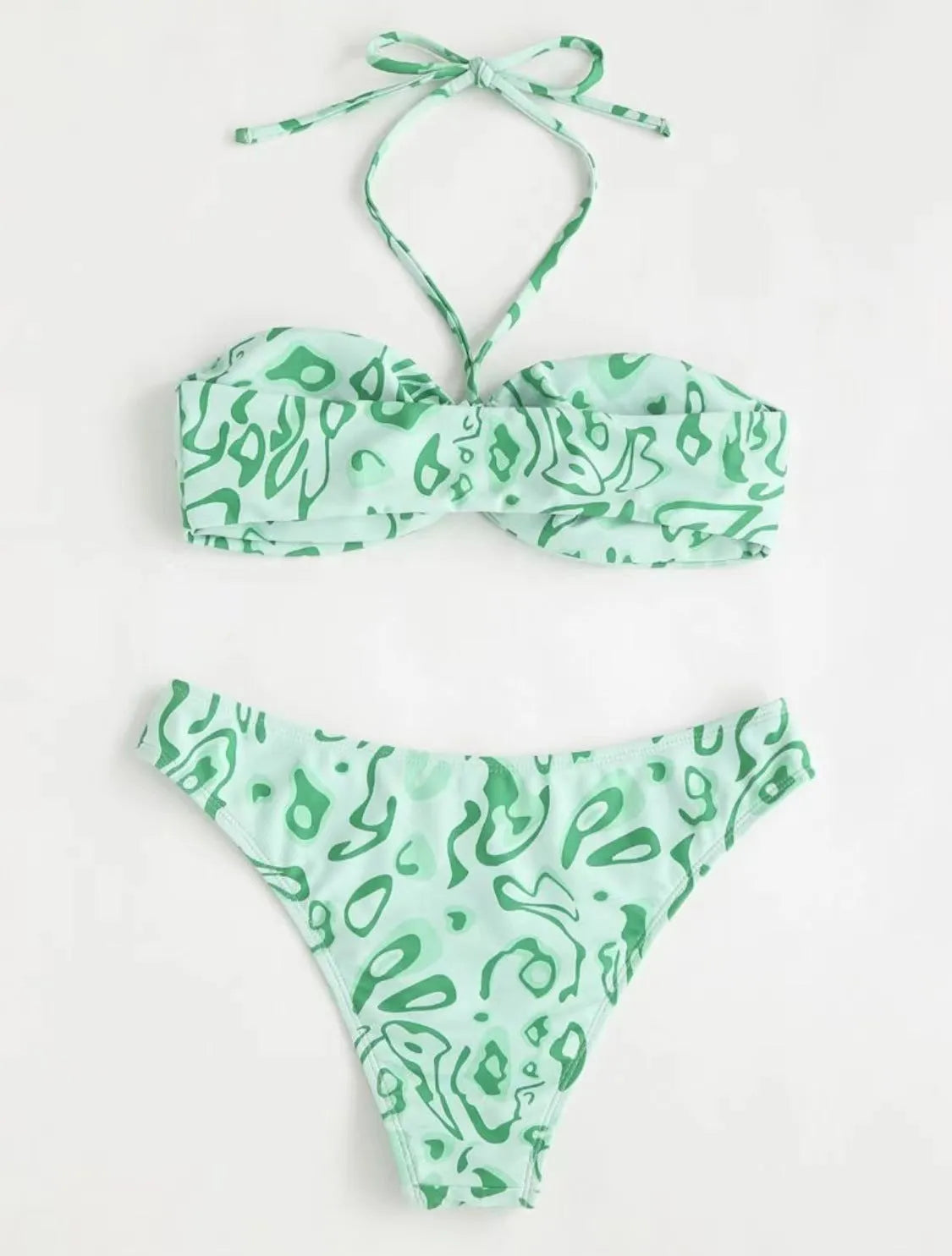Women's blue floral bandeau bikini with split swimsuit design showing front and back views