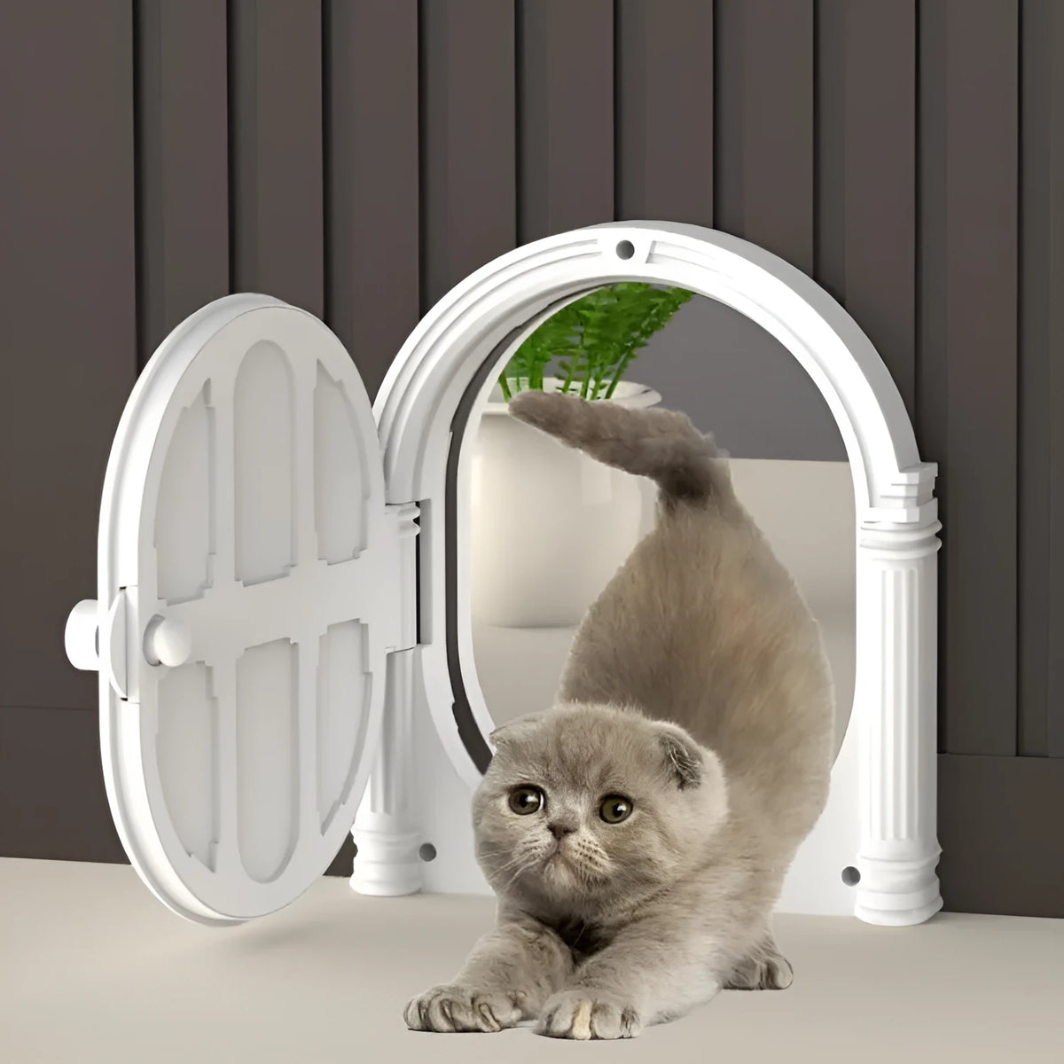White plastic cat dog door with minimalist design on a black background