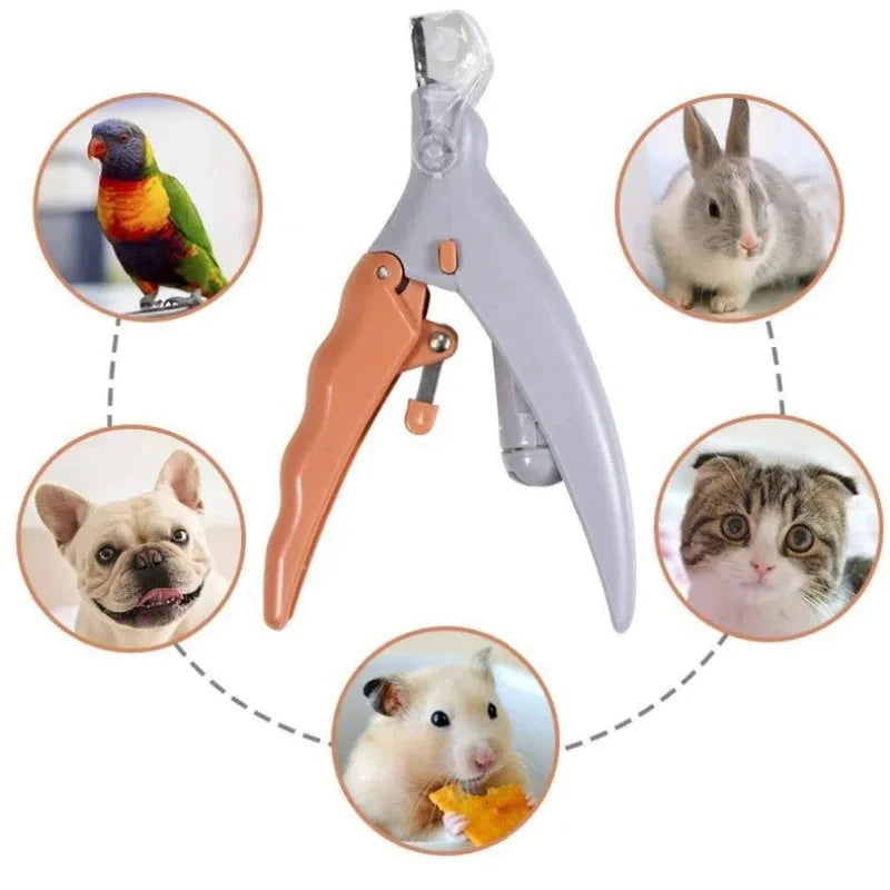 Yellow pet nail clipper with built-in LED light and magnifying glass for grooming dogs and cats.