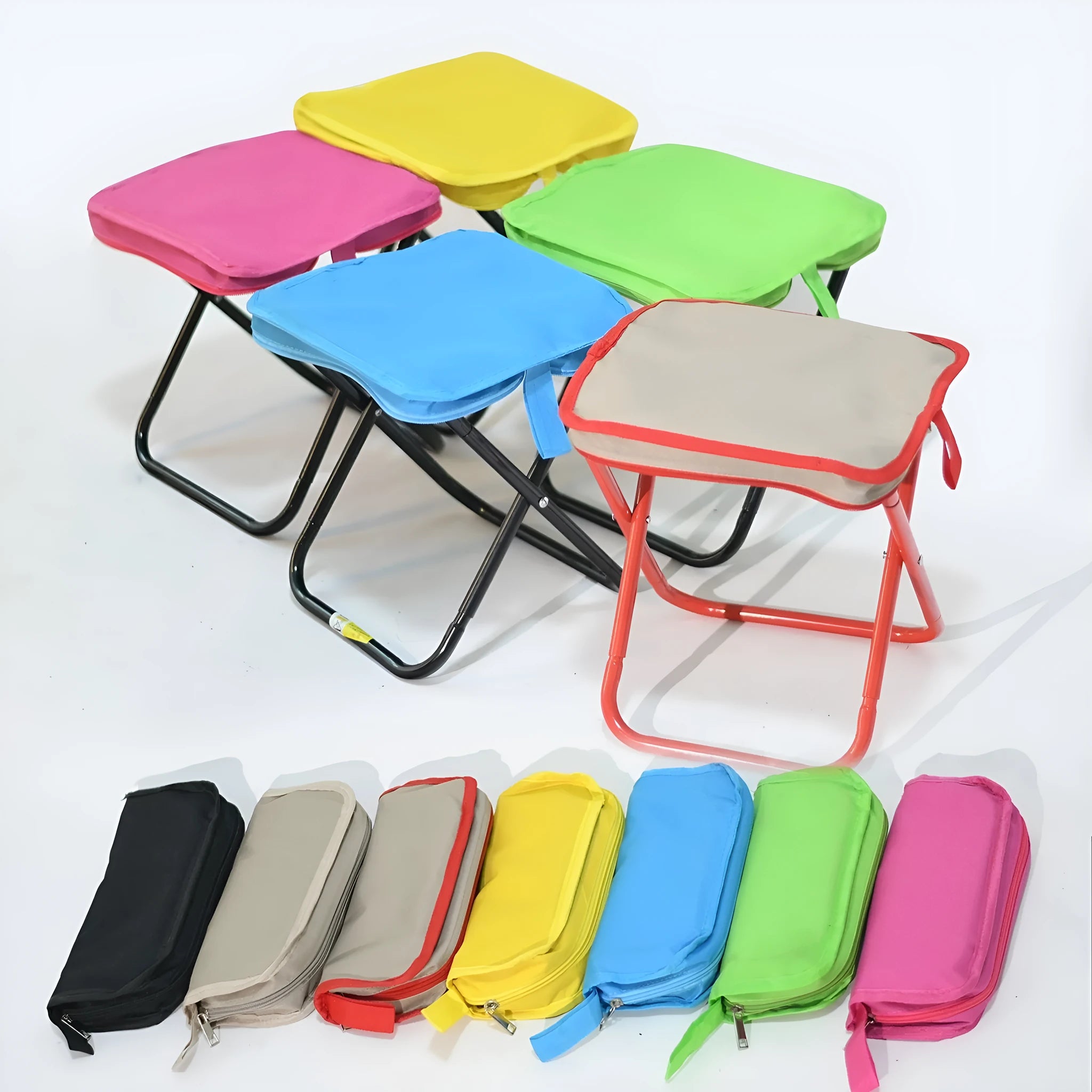 Foldable outdoor camp stool in Oxford cloth, shown in a khaki colour, compactly folded with carry handle.