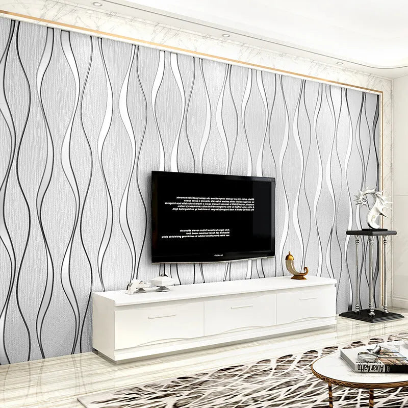 Curve stripe 3D background wallpaper roll in light grey and dark brown deerskin velvet finish.