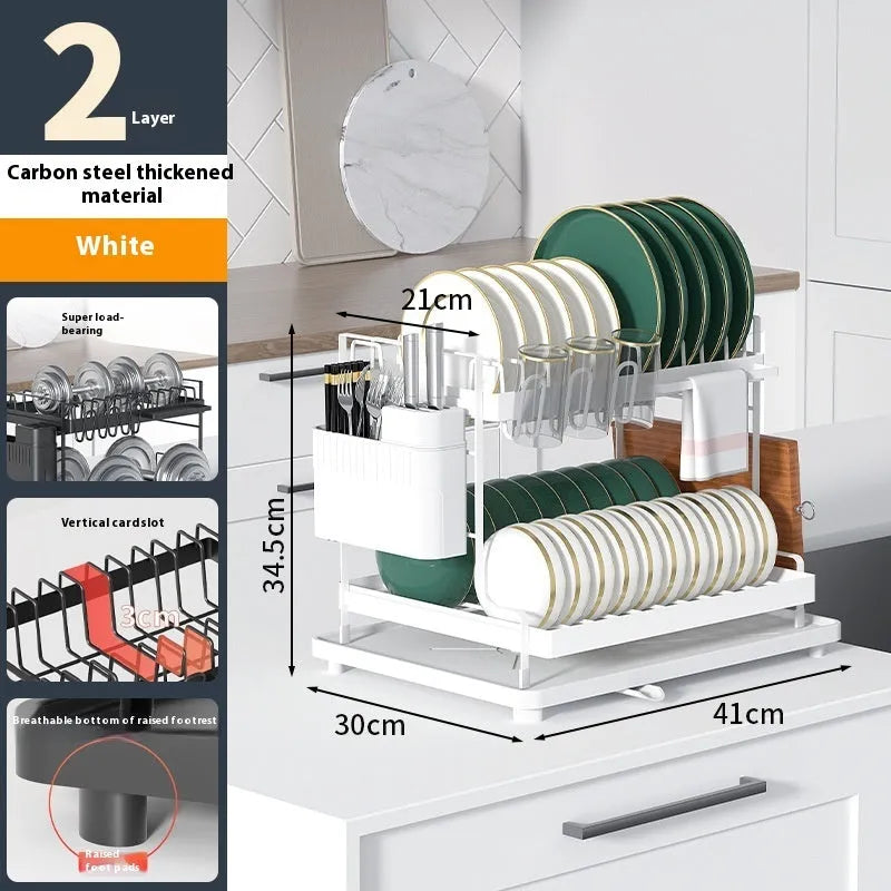 White double-layer kitchen storage rack with removable draining components